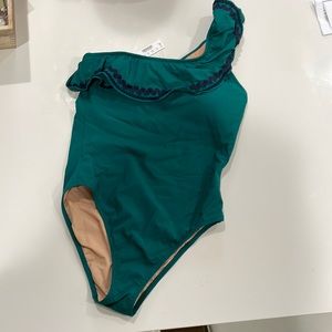 JCrew green and navy ruffle one-shoulder swimsuit